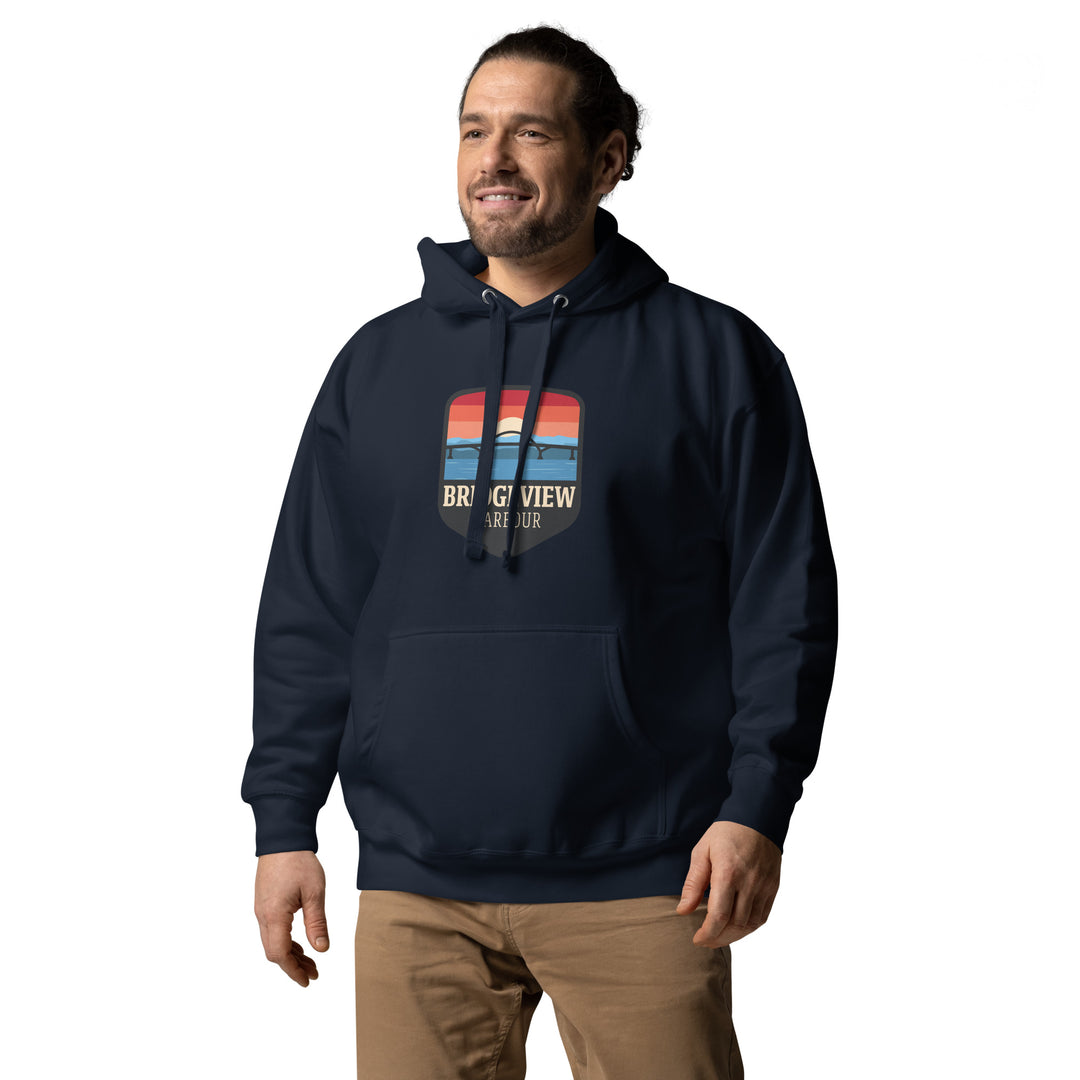 Black Bridgeview Harbour Midweight Hoodie, branded apparel with a soft fabric, featuring a comfortable fit and casual style.