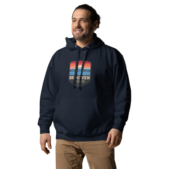 Black Bridgeview Harbour Midweight Hoodie, branded apparel with a soft fabric, featuring a comfortable fit and casual style.