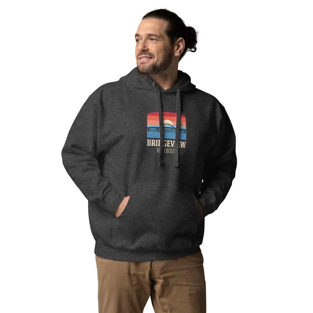 Black Bridgeview Harbour Midweight Hoodie, branded apparel with a comfortable fit and casual style, from Bridgeview Harbour Marina.