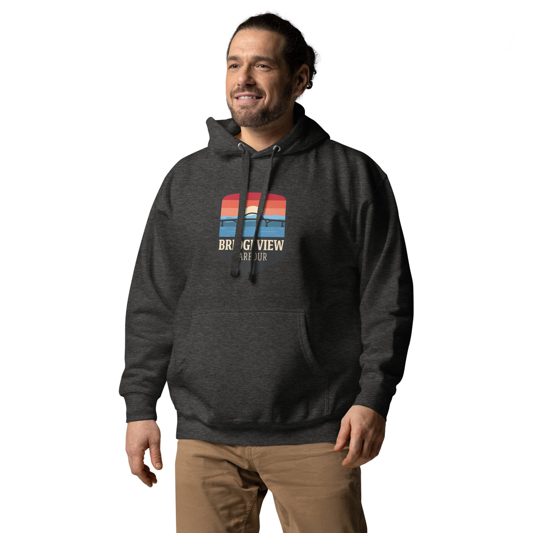 Black Bridgeview Harbour Midweight Hoodie by Bridgeview Harbour Marina, showing a casual hoodie with logo details.