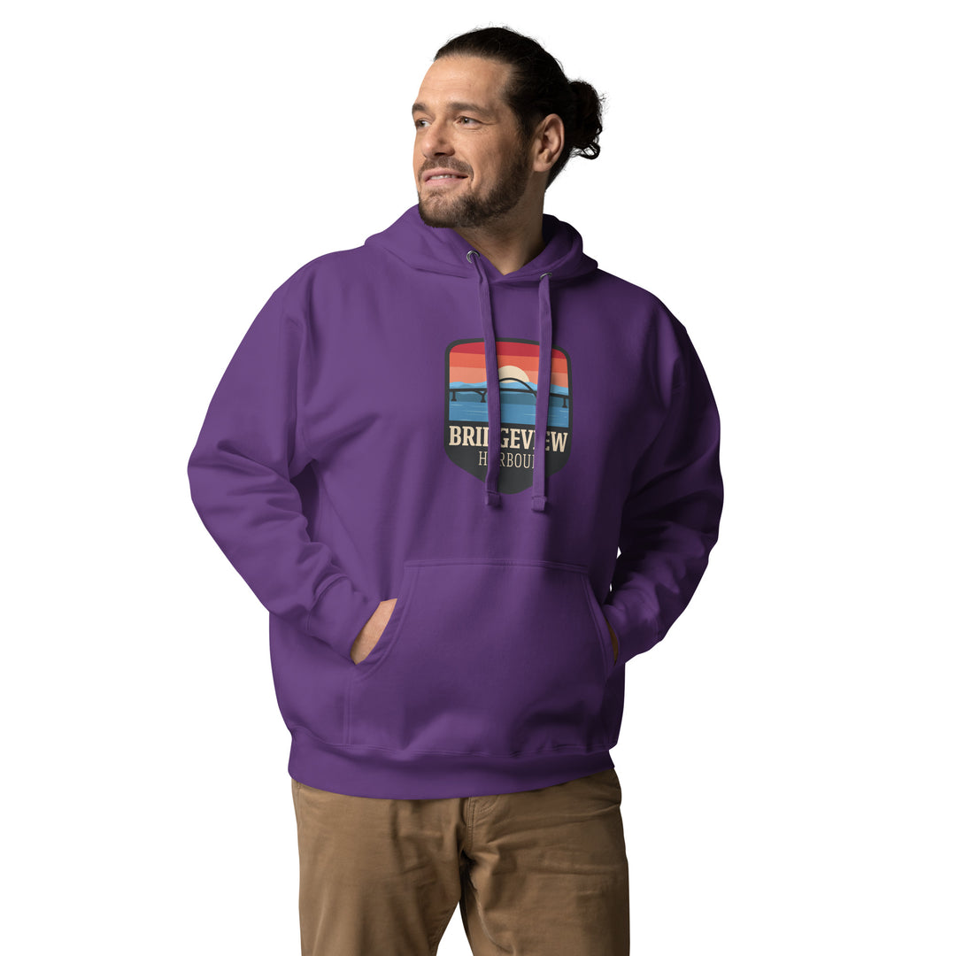 Black Bridgeview Harbour Midweight Hoodie from Bridgeview Harbour Marina, showcasing a comfortable, casual apparel with a drawstring hood.