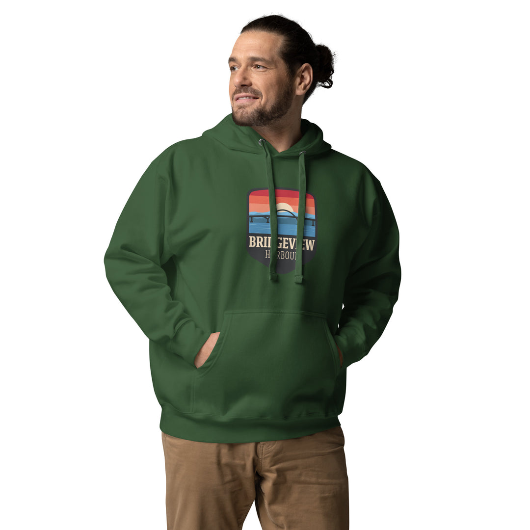 Black Bridgeview Harbour Midweight Hoodie from Bridgeview Harbour Marina, showcasing a comfortable, stylish apparel with a logo design.
