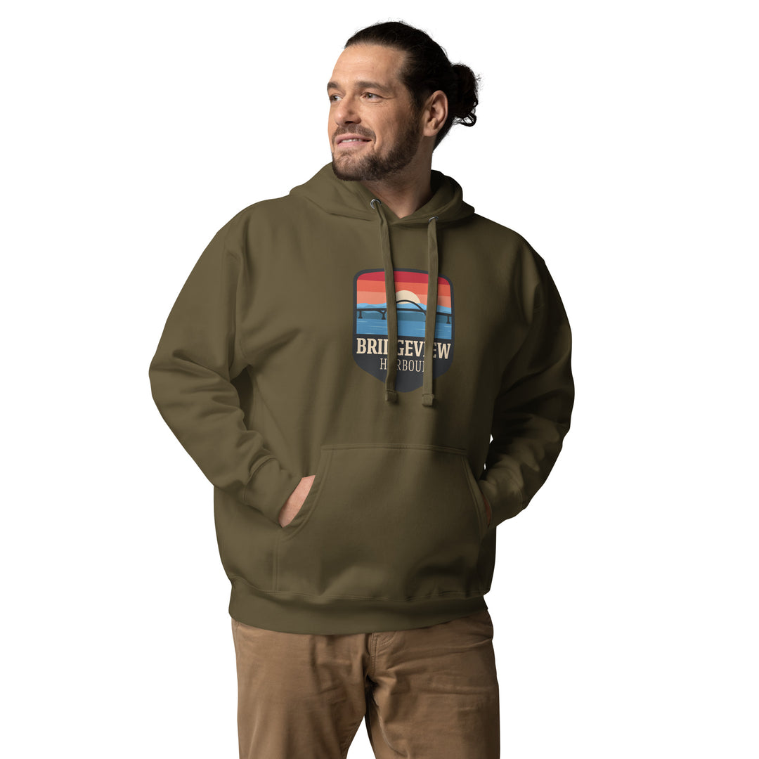 Black Bridgeview Harbour Midweight Hoodie by Bridgeview Harbour Marina, featuring a comfortable, casual apparel design with a front pocket.