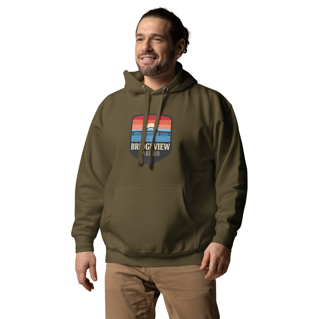Black Bridgeview Harbour Midweight Hoodie from Bridgeview Harbour Marina, featuring a comfortable, casual apparel design with a hood.