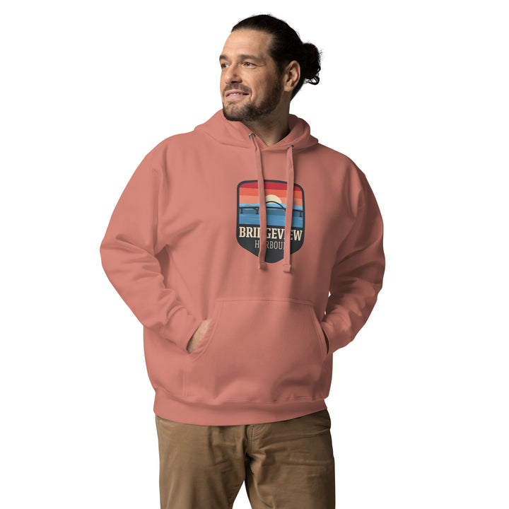 Black Bridgeview Harbour Marina midweight hoodie, casual apparel with a comfortable fit, featuring the brand logo on the front.