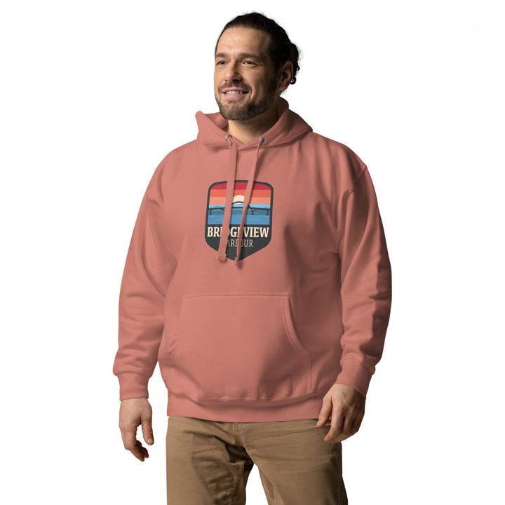 Black Bridgeview Harbour Marina midweight hoodie, casual apparel with a front pocket and drawstring hood, designed for comfort.
