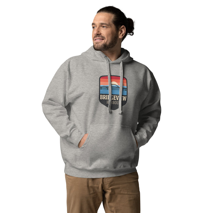 Black Bridgeview Harbour Marina midweight hoodie made of soft, comfortable fabric with a front pocket and branded logo.