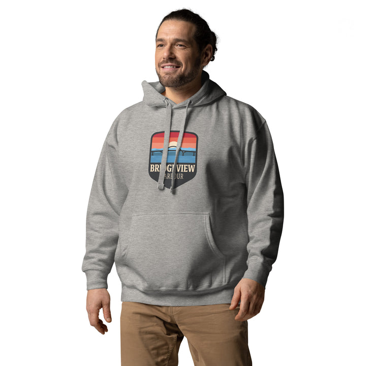 Black Bridgeview Harbour Midweight Hoodie by Bridgeview Harbour Marina, soft fleece-knit fabric with a hood and front pocket.