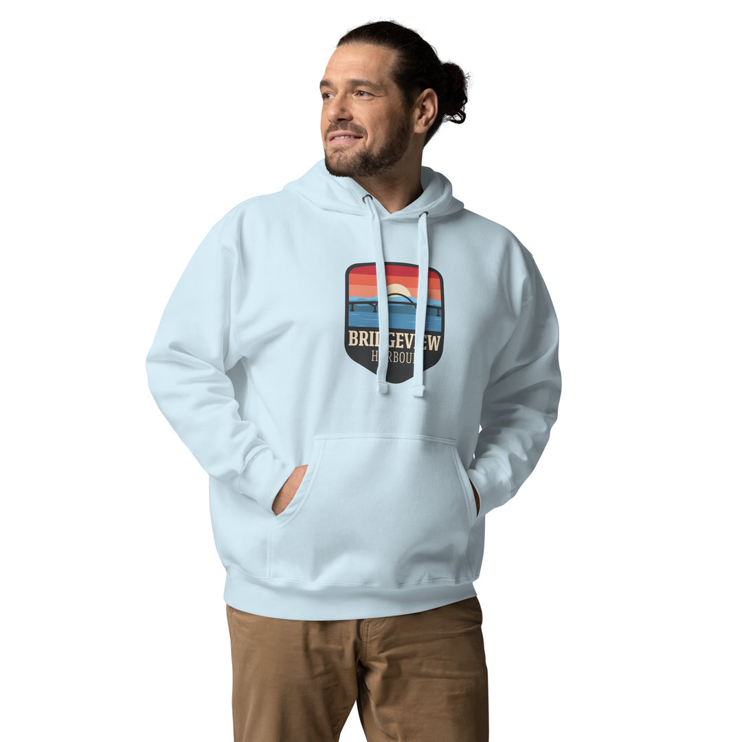 Black Bridgeview Harbour Midweight Hoodie from Bridgeview Harbour Marina, showing front view with logo detail.