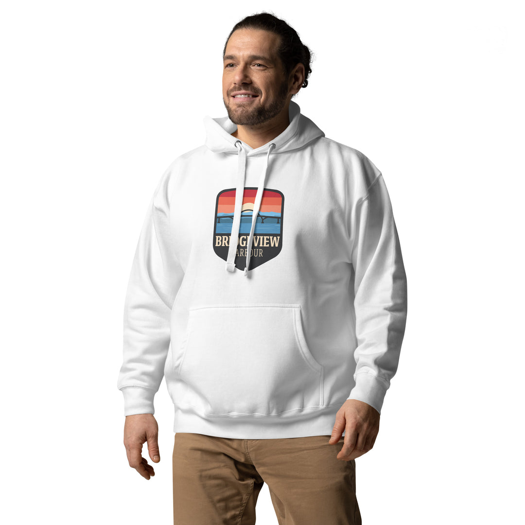 Black Bridgeview Harbour Marina Midweight Hoodie, casual apparel with logo detail, shown on a hanger.