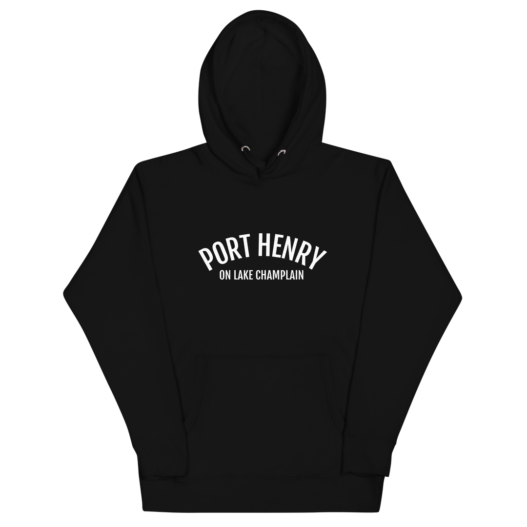 Unisex black hoodie featuring Port Henry on Lake Champlain design by Bridgeview Harbour Marina, casual and comfortable apparel.