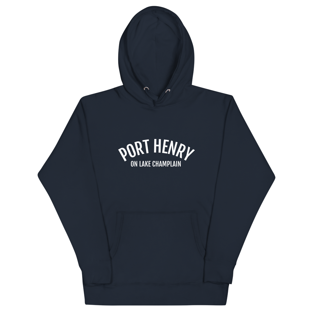 Black unisex hoodie featuring Port Henry on Lake Champlain design by Bridgeview Harbour Marina, casual and comfortable apparel.
