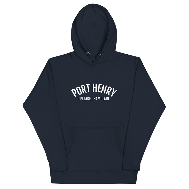 Black unisex hoodie featuring Port Henry on Lake Champlain design by Bridgeview Harbour Marina, casual and comfortable apparel.