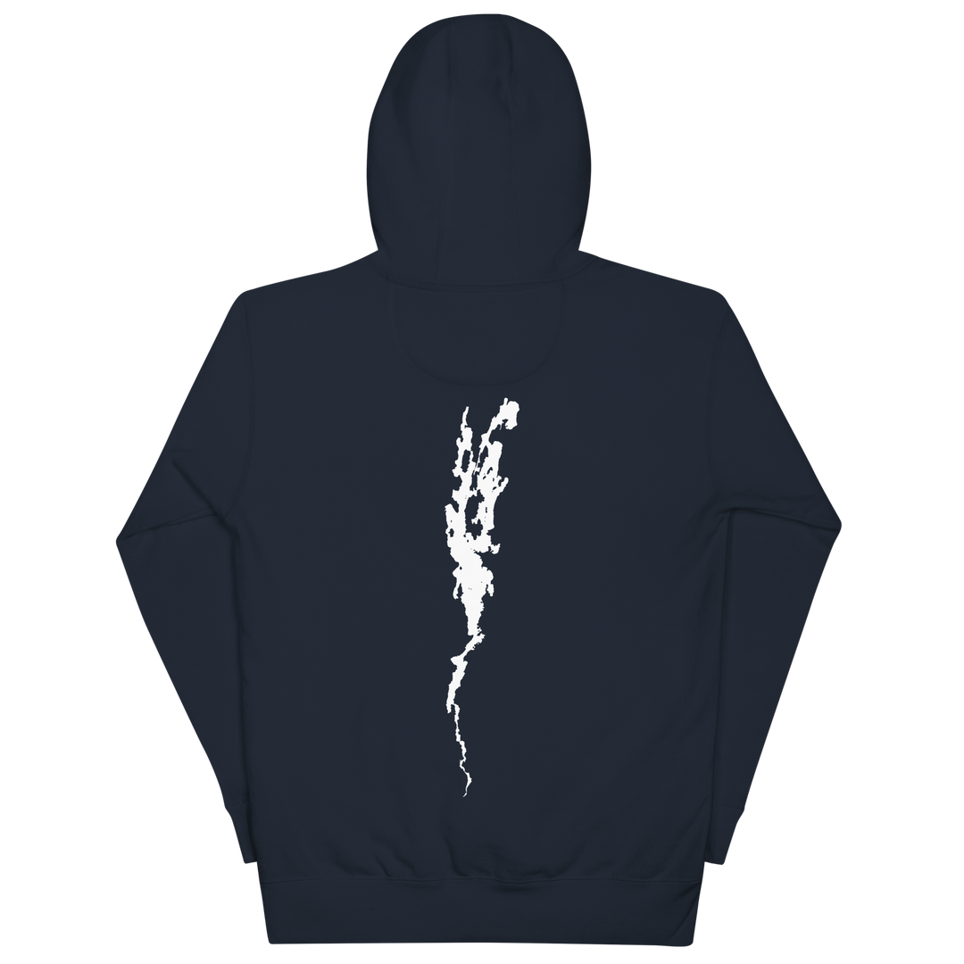 Black unisex hoodie featuring Port Henry on Lake Champlain design by Bridgeview Harbour Marina, casual and comfortable apparel.