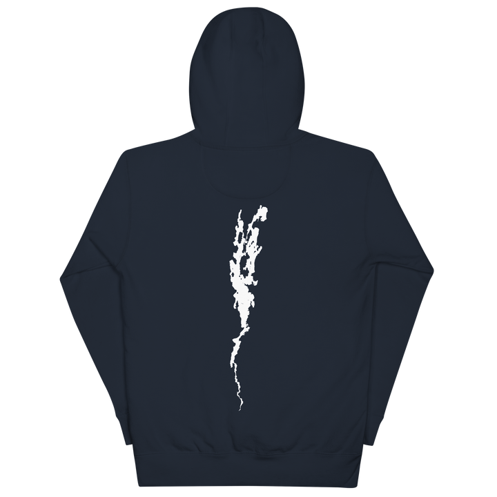 Black unisex hoodie featuring Port Henry on Lake Champlain design by Bridgeview Harbour Marina, casual and comfortable apparel.