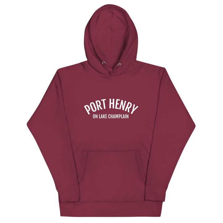 Unisex hoodie featuring Port Henry on Lake Champlain design, black color, by Bridgeview Harbour Marina.