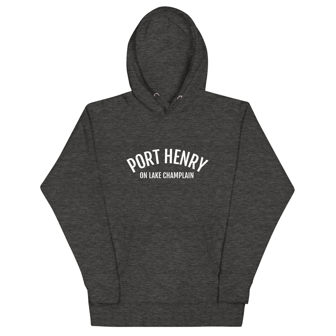 Black unisex hoodie featuring Port Henry on Lake Champlain design from Bridgeview Harbour Marina.