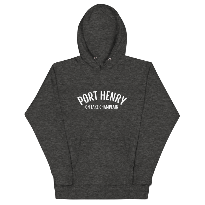 Black unisex hoodie featuring Port Henry on Lake Champlain design from Bridgeview Harbour Marina.