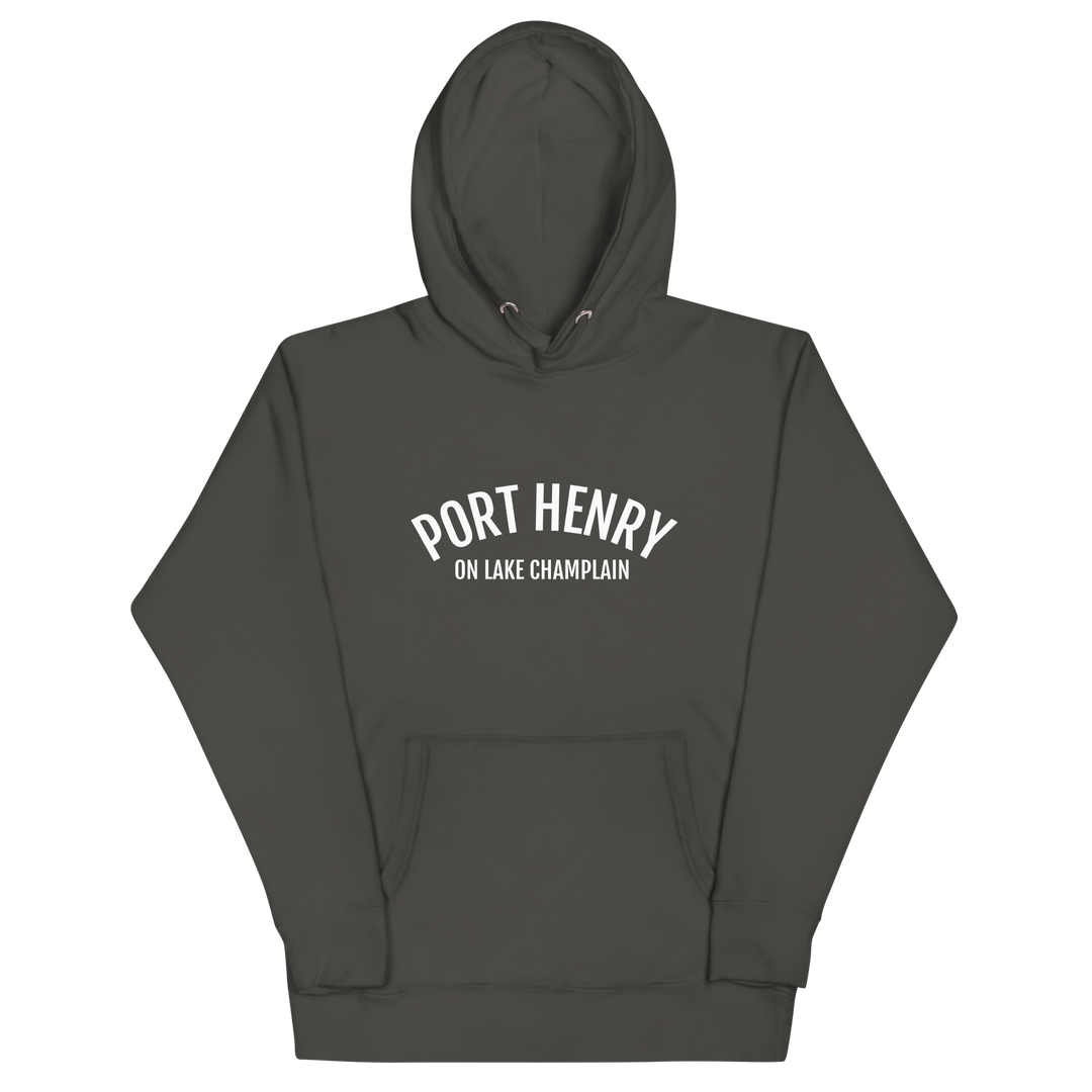Black unisex hoodie featuring Port Henry on Lake Champlain design by Bridgeview Harbour Marina, with a front view of the hoodie.
