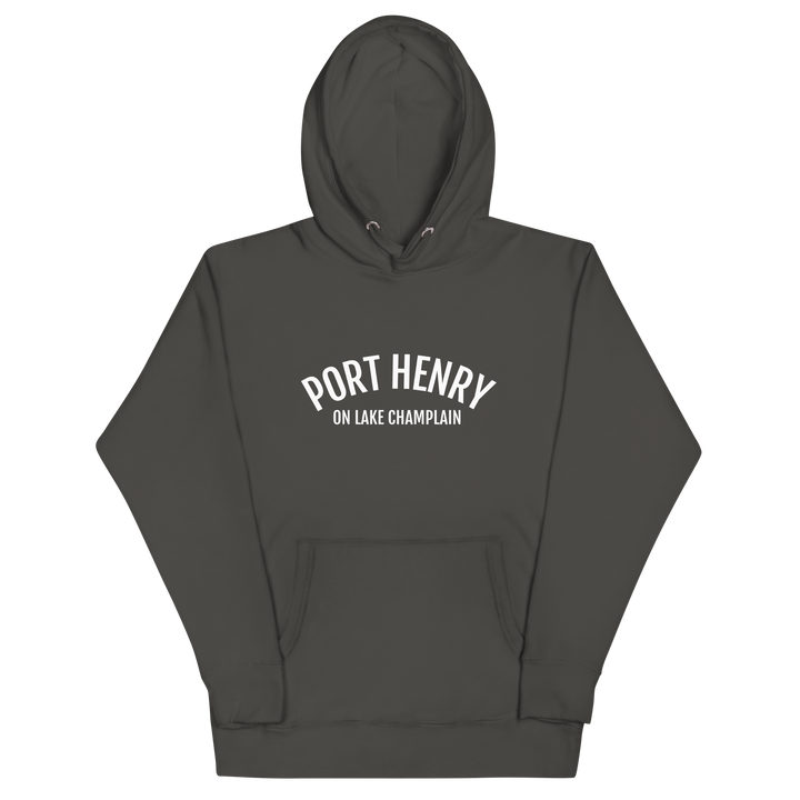 Black unisex hoodie featuring Port Henry on Lake Champlain design by Bridgeview Harbour Marina, with a front view of the hoodie.
