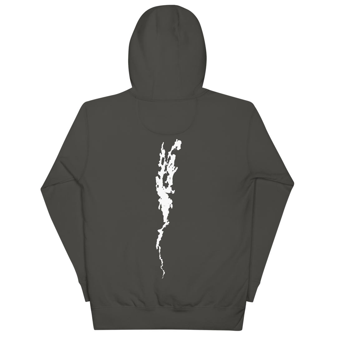 Black unisex hoodie featuring Port Henry on Lake Champlain, by Bridgeview Harbour Marina, with scenic lake graphic.