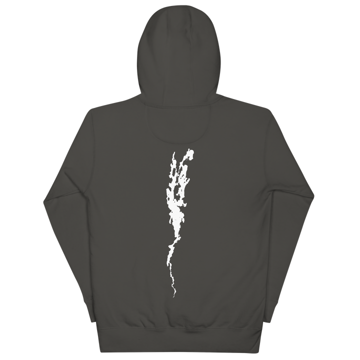 Black unisex hoodie featuring Port Henry on Lake Champlain, by Bridgeview Harbour Marina, with scenic lake graphic.