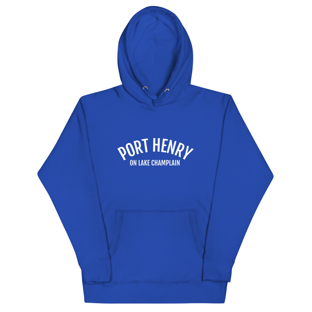 Black unisex hoodie featuring Port Henry on Lake Champlain design from Bridgeview Harbour Marina.