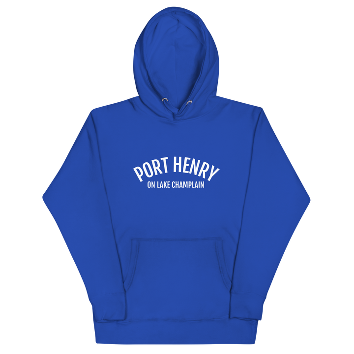 Black unisex hoodie featuring Port Henry on Lake Champlain design from Bridgeview Harbour Marina.