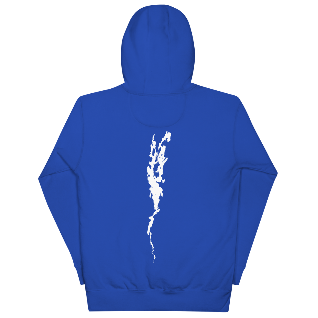 Black unisex hoodie featuring a Port Henry on Lake Champlain design from Bridgeview Harbour Marina.