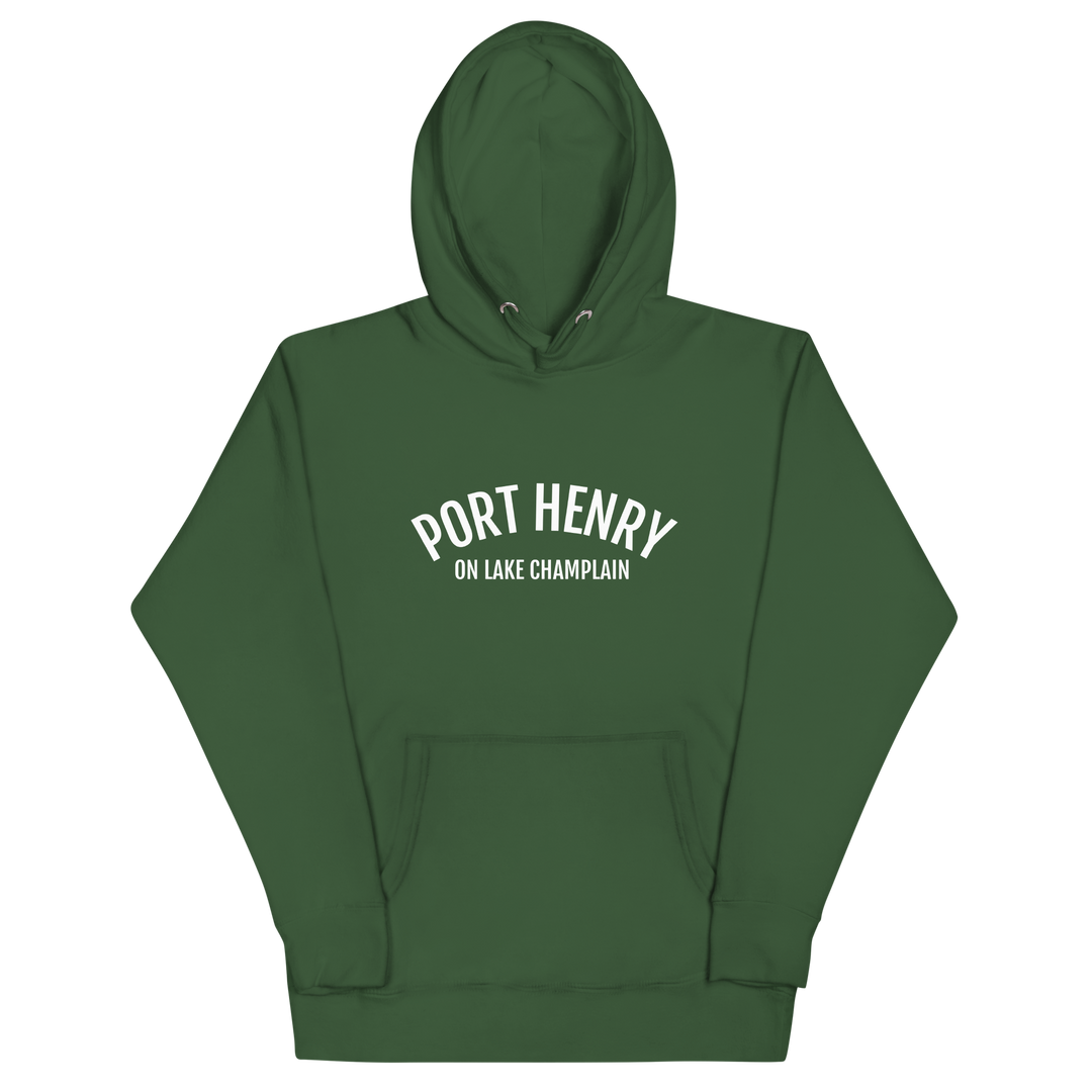 Black unisex hoodie featuring Port Henry on Lake Champlain design by Bridgeview Harbour Marina, with a comfortable fit and detailed print.