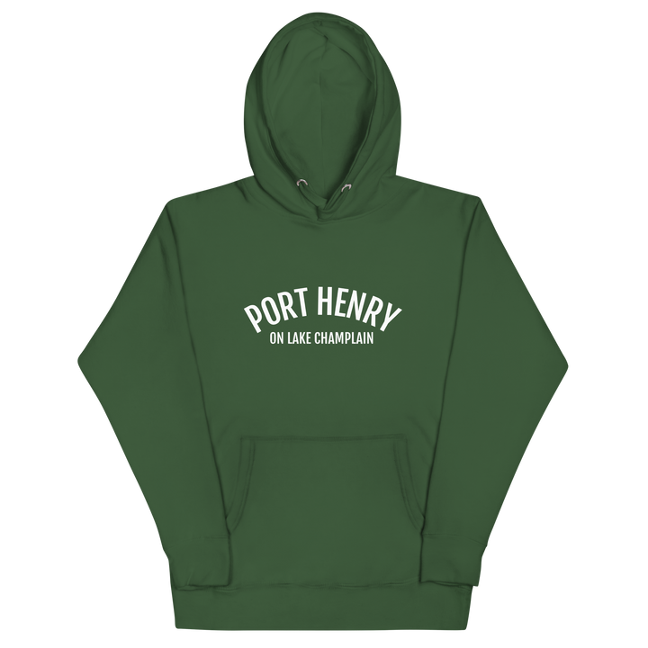 Black unisex hoodie featuring Port Henry on Lake Champlain design by Bridgeview Harbour Marina, with a comfortable fit and detailed print.
