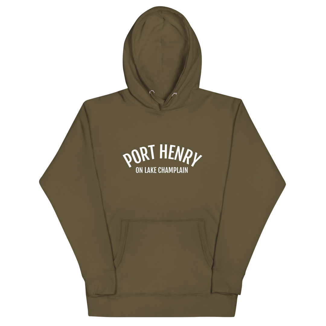 Black Port Henry on Lake Champlain unisex hoodie by Bridgeview Harbour Marina featuring a scenic lakeside design.