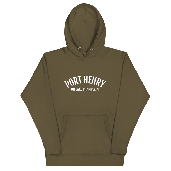 Black Port Henry on Lake Champlain unisex hoodie by Bridgeview Harbour Marina featuring a scenic lakeside design.