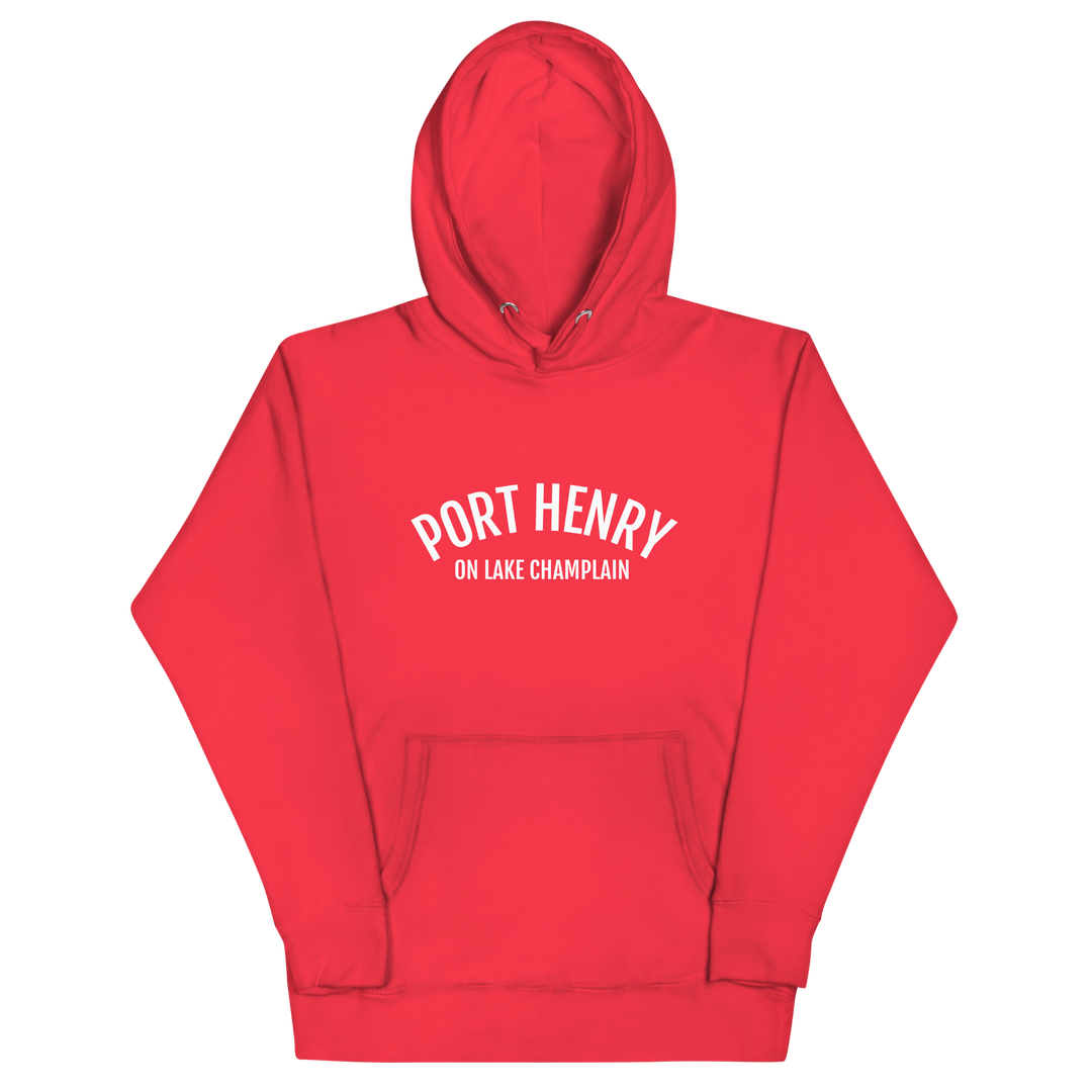 Black unisex hoodie featuring a Port Henry on Lake Champlain design by Bridgeview Harbour Marina, casual and comfortable apparel.