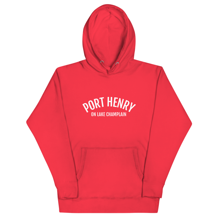 Black unisex hoodie featuring a Port Henry on Lake Champlain design by Bridgeview Harbour Marina, casual and comfortable apparel.