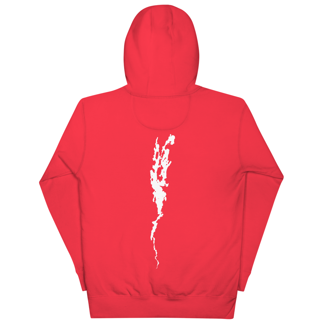 Black unisex hoodie featuring Port Henry on Lake Champlain design by Bridgeview Harbour Marina, casual and comfortable apparel.