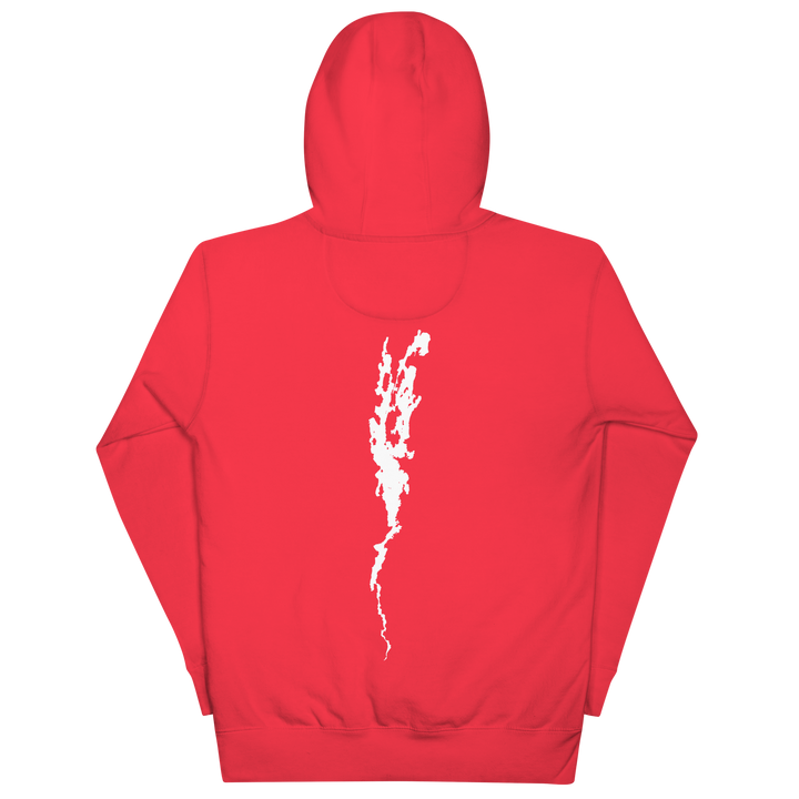 Black unisex hoodie featuring Port Henry on Lake Champlain design by Bridgeview Harbour Marina, casual and comfortable apparel.