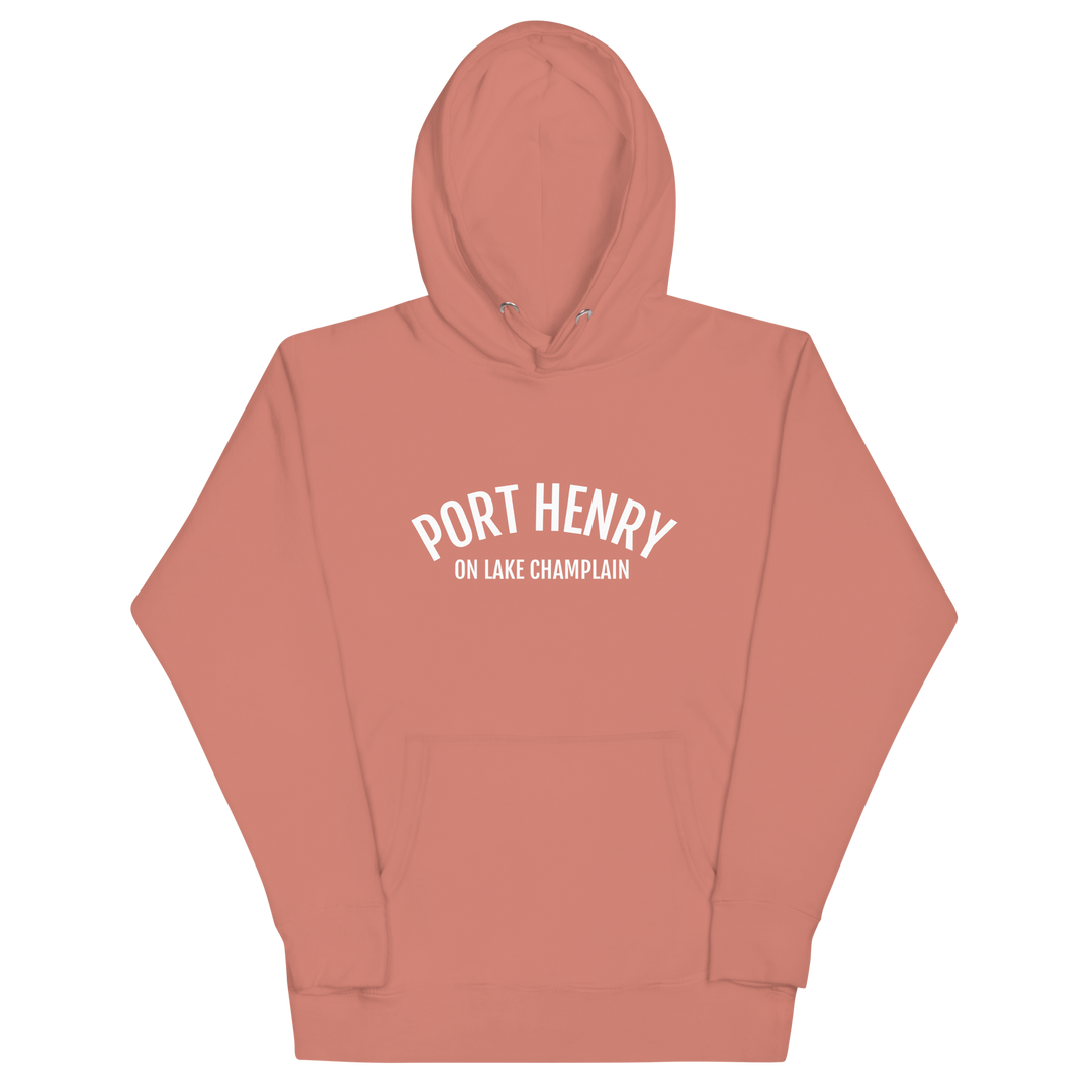 Black unisex hoodie featuring a Port Henry on Lake Champlain design from Bridgeview Harbour Marina.