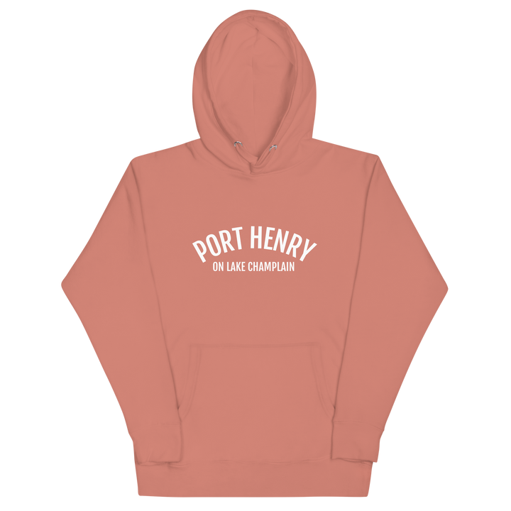 Black unisex hoodie featuring a Port Henry on Lake Champlain design from Bridgeview Harbour Marina.