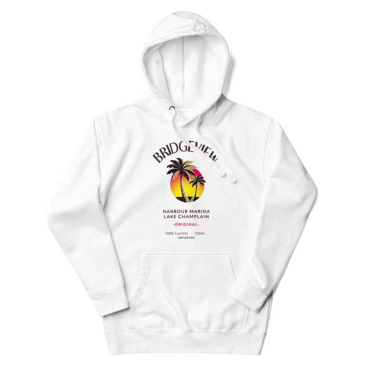 Bridgeview Harbour Marina Caribbean Fun hoodie in carbon grey, casual apparel with vibrant tropical design, front view image.