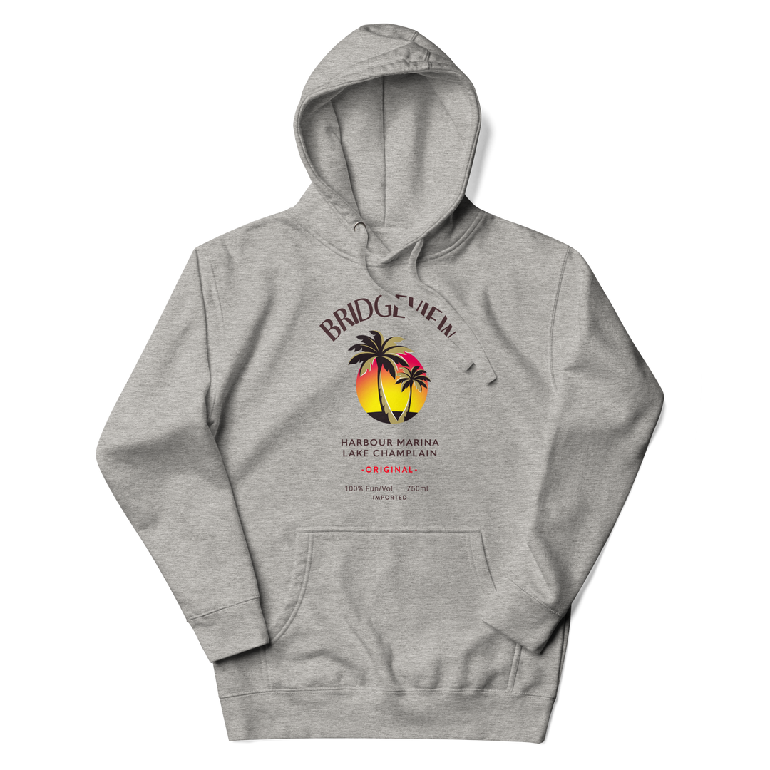 Bridgeview Harbour Marina Caribbean Fun Hoodie in carbon grey, featuring vibrant tropical design on soft apparel.