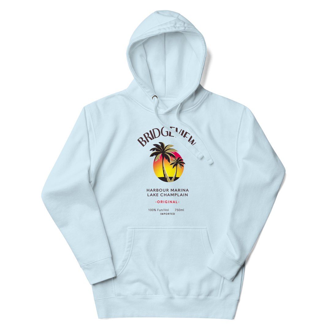 Bridgeview Harbour Marina Caribbean Fun hoodie in carbon grey, casual apparel with colorful tropical design.