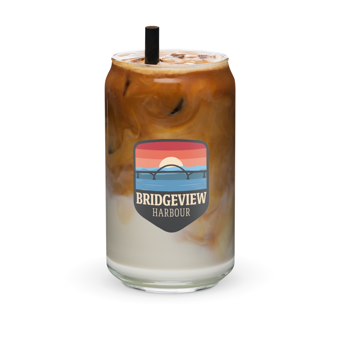 Can-shaped glass featuring the BVH Logo from Bridgeview Harbour Marina, with transparent design and detailed logo engraving.