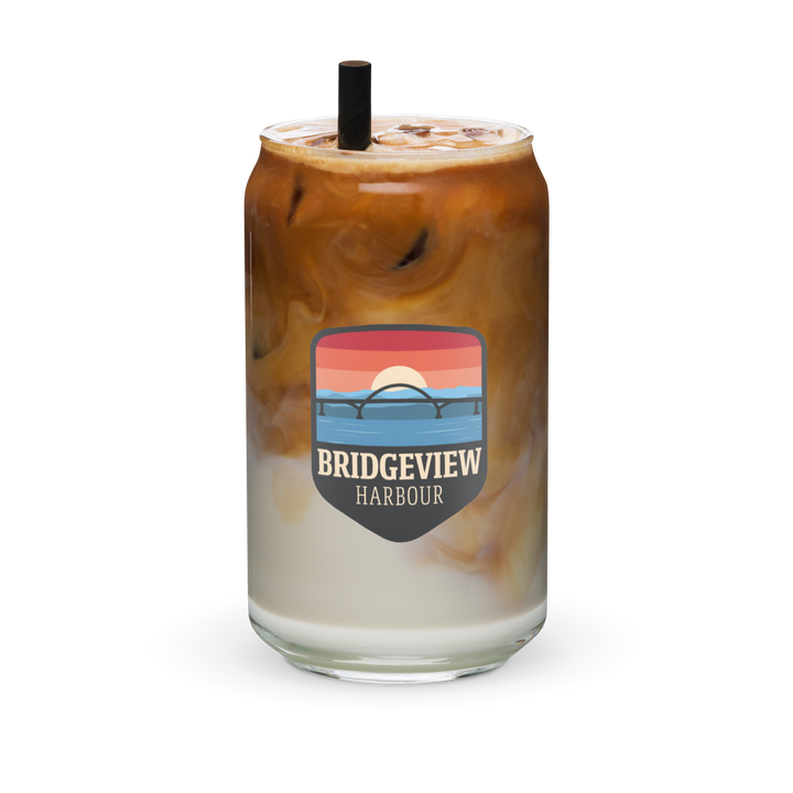 Can-shaped glass featuring the BVH Logo from Bridgeview Harbour Marina, with transparent design and detailed logo engraving.