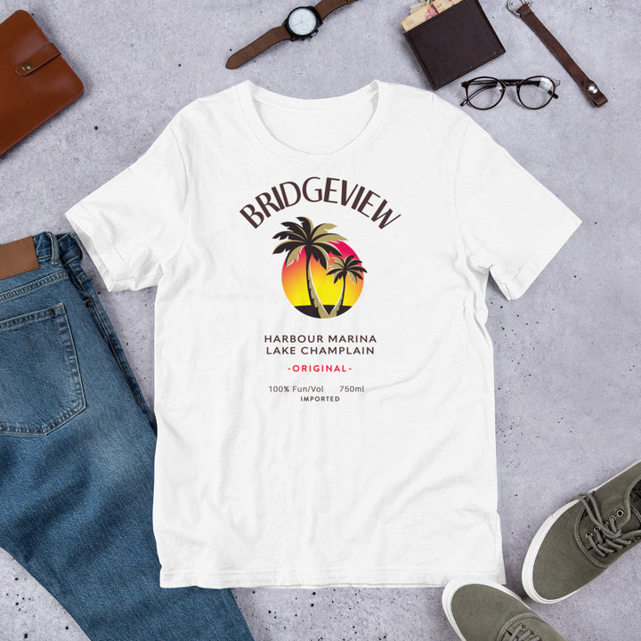 Heather prism mint Caribbean Fun Bridgeview Harbour Marina T-shirt, showing front view with logo and colorful design.