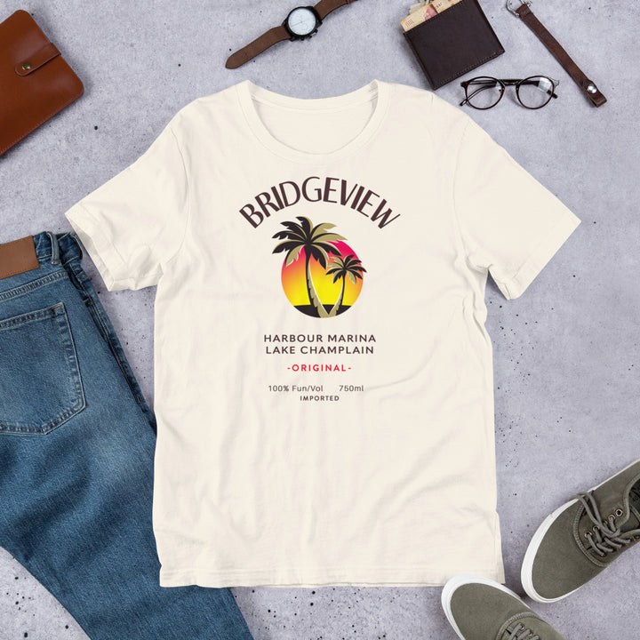 Heather prism mint Caribbean Fun Bridgeview Harbour Marina tee with colorful seaside graphic on soft cotton fabric.