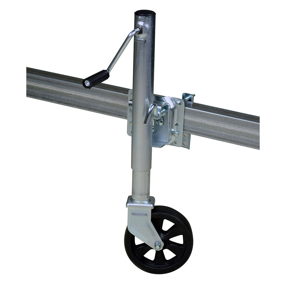 C.E. Smith 1,000 lb trailer swivel jack in black, showcasing its sturdy base and adjustable handle for boat or utility trailers.