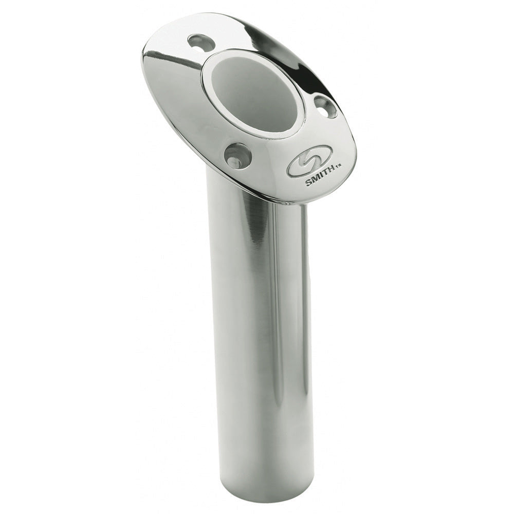 C.E. Smith flush mount rod holder in stainless steel with 30-degree angle, 9-inch depth, cast bottom, and white vinyl liner.