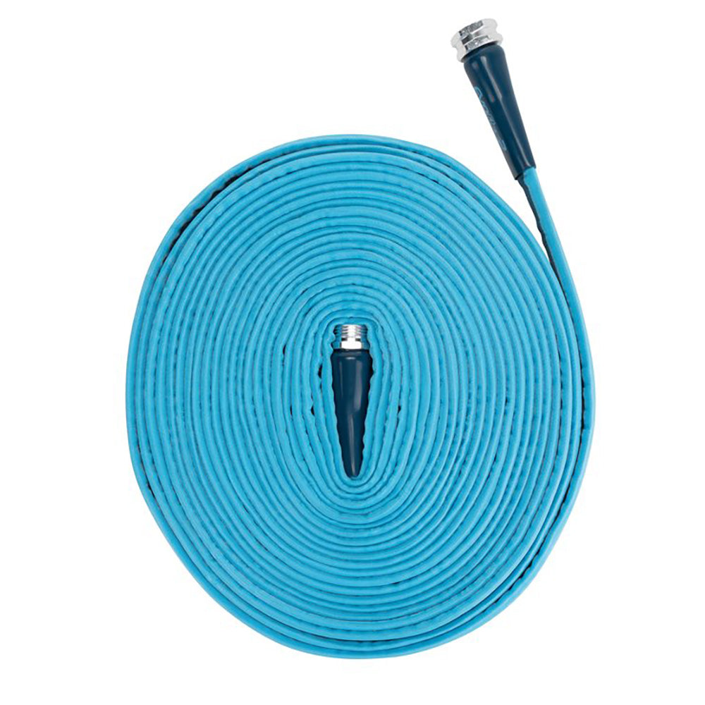 Camco EvoFlex2 25 lightweight RV and marine drinking water hose with fabric reinforcement, 5/8 inch diameter.