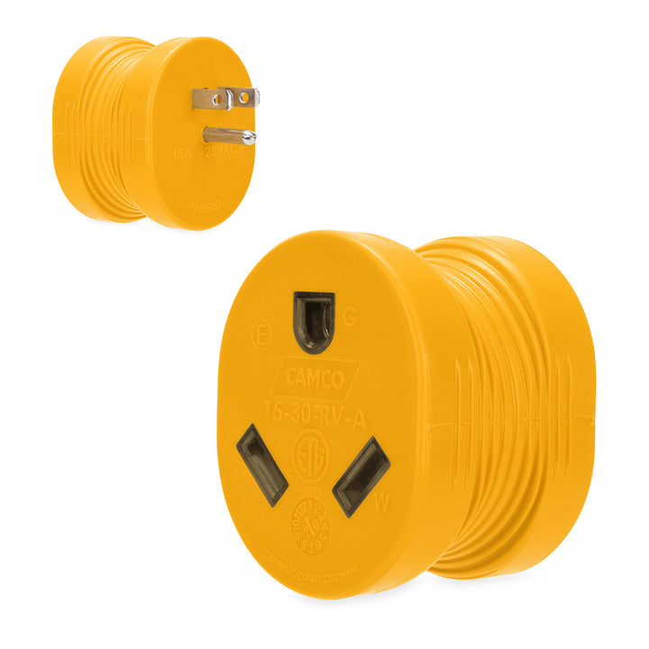Camco Power Grip RV Adapter with 15Amp male and 30Amp female connectors, designed for safe electrical connections in RVs.